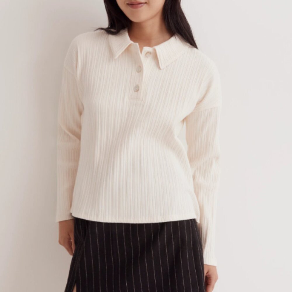 Cream Ribbed Long Sleeve Polo Top